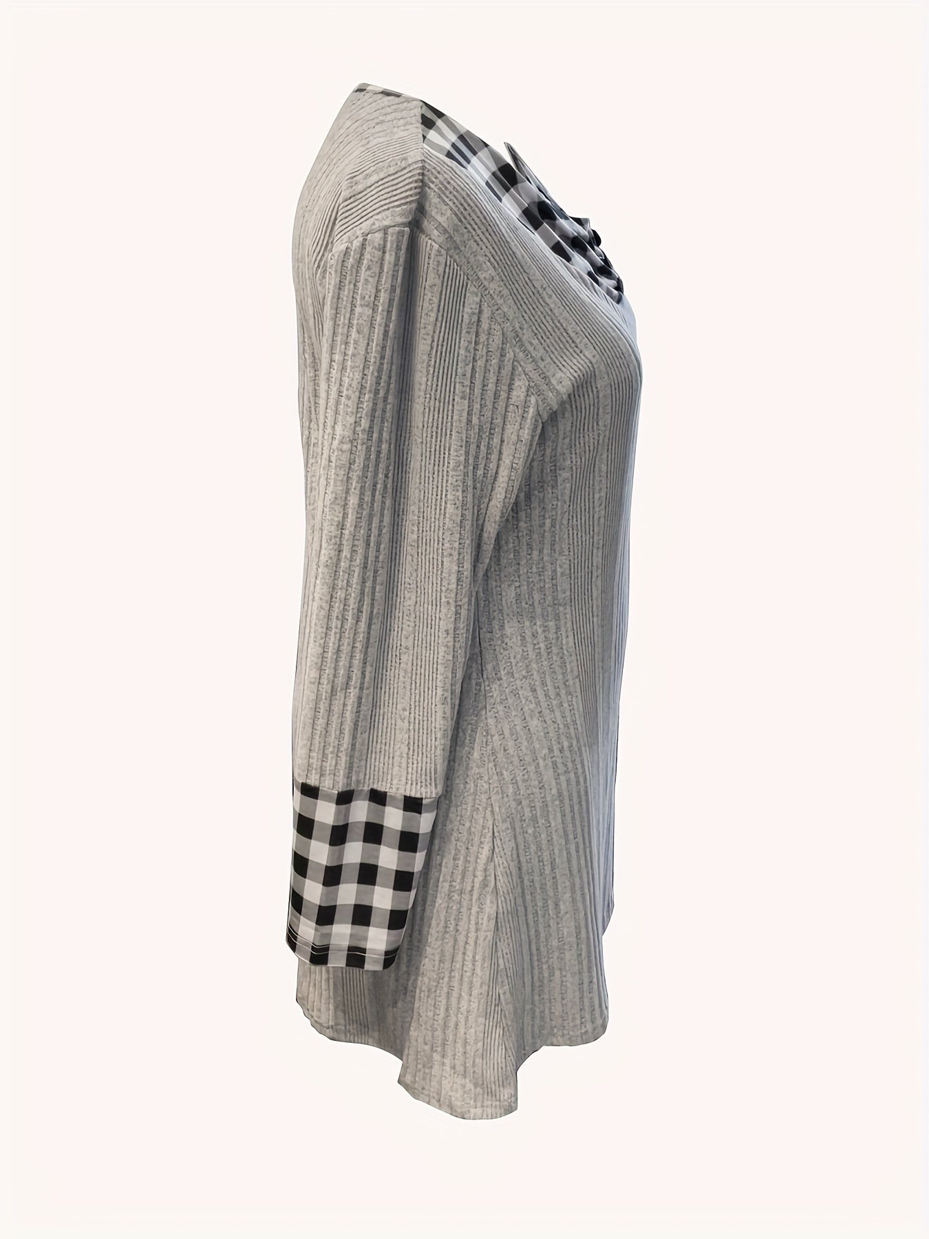 Colorblock Plaid Ribbed Long Sleeve Dress