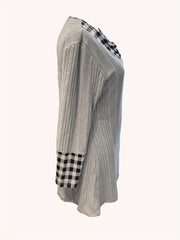 Colorblock Plaid Ribbed Long Sleeve Dress