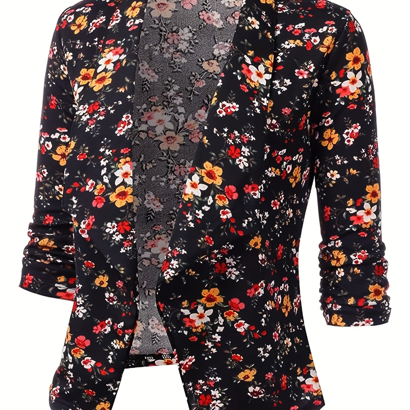 Floral Print Three Quarter Sleeve Blazer