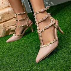 Studded Pointed Toe Slingback Sandals Kitten Heel
