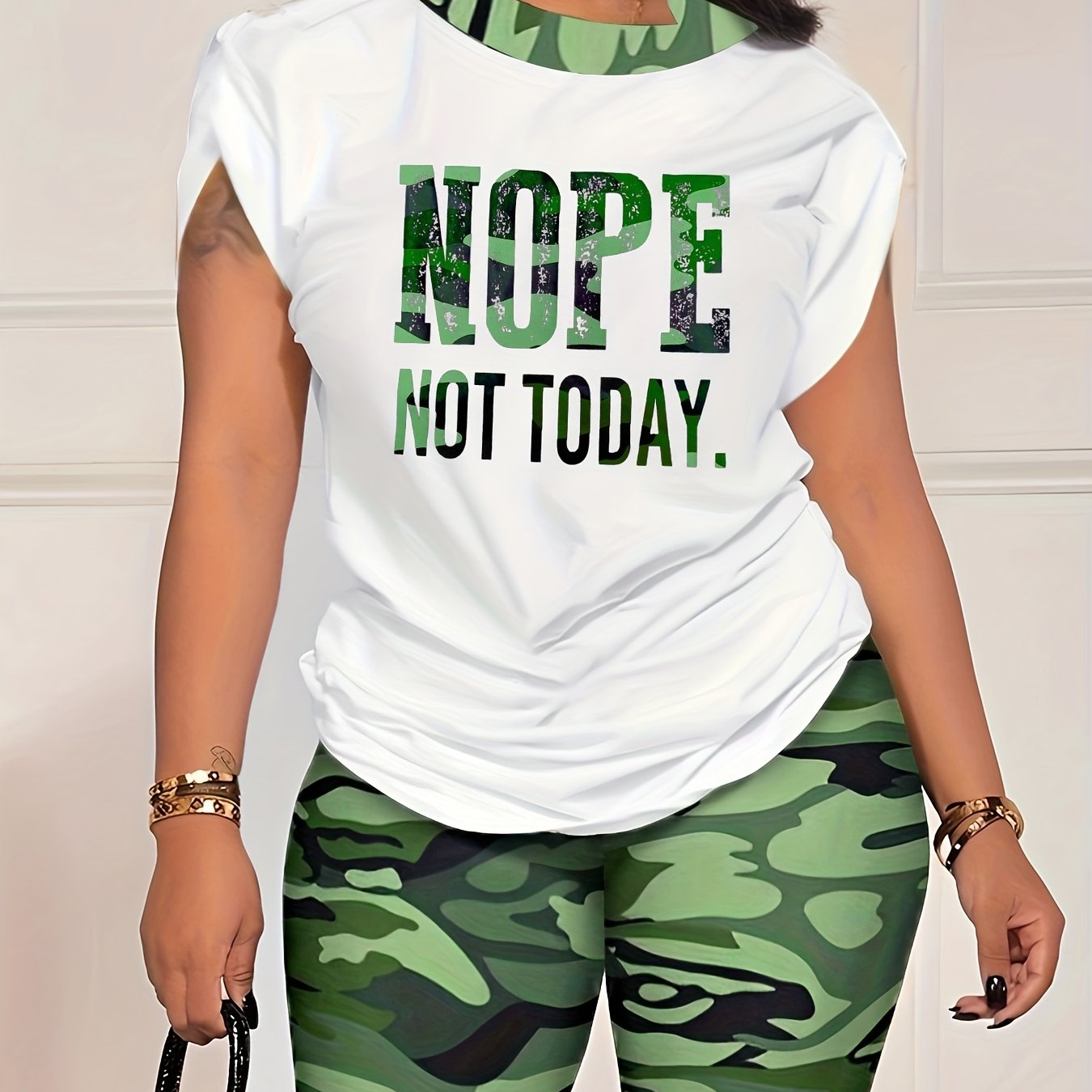 Camo Print 2pc Set: Crew Neck T-shirt & Shorts Women's Clothing