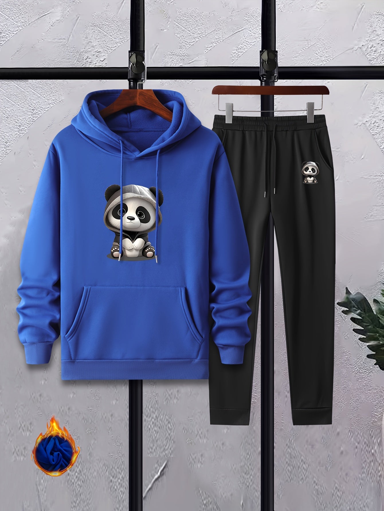 Panda Print Men's 2Pcs Outfits Crew Neck Long Sleeve T Shirt Hooded Sweat