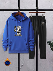 Panda Print Men's 2Pcs Outfits Crew Neck Long Sleeve T Shirt Hooded Sweat