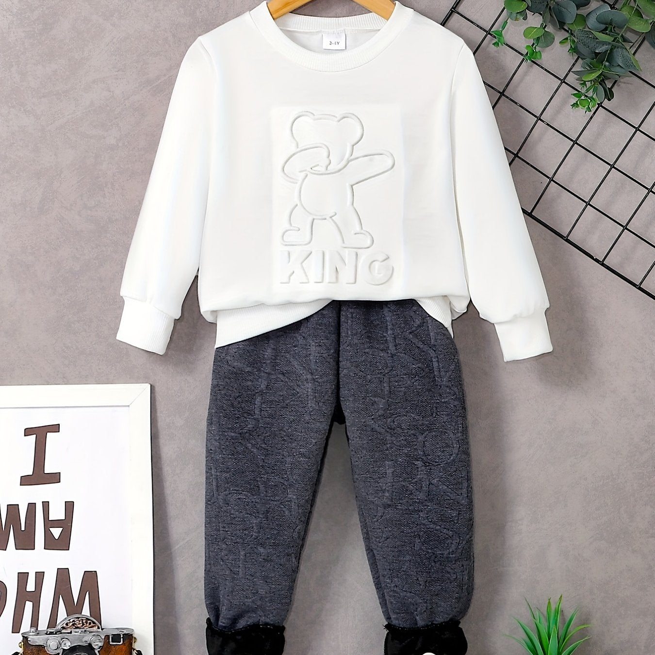 Bear Jacquard Boy's 2pcs Sweatshirt & Sweatpants Set Spring Fall