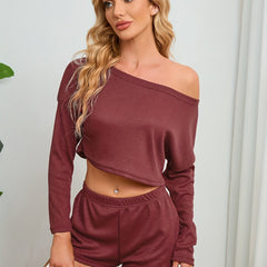 Solid Pajama Set Long Sleeve Top & Shorts Women's Sleepwear
