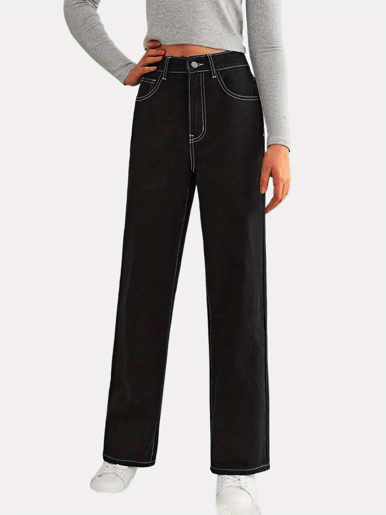 Cartoon Moon Star Graphic Stitch Jeans High Rise Solid Denim Pants
