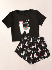 Cartoon Print Lounge Set Short Sleeve Top & Shorts Women's Loungewear