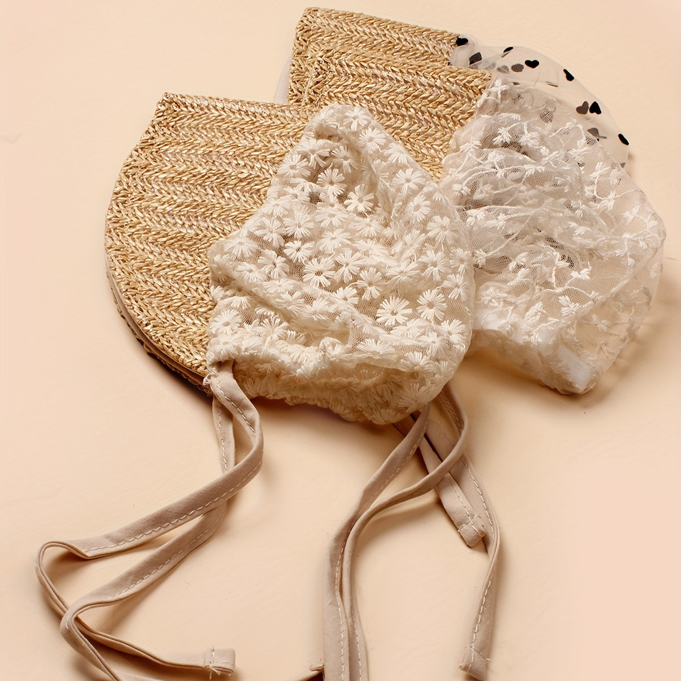 3pcs Flower Mesh Braided Straw Cap Sun Protection Comfortable Breathable Cap