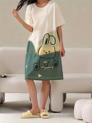 Bunny Print Lounge Dress Soft & Comfy Short Sleeve Home Dress