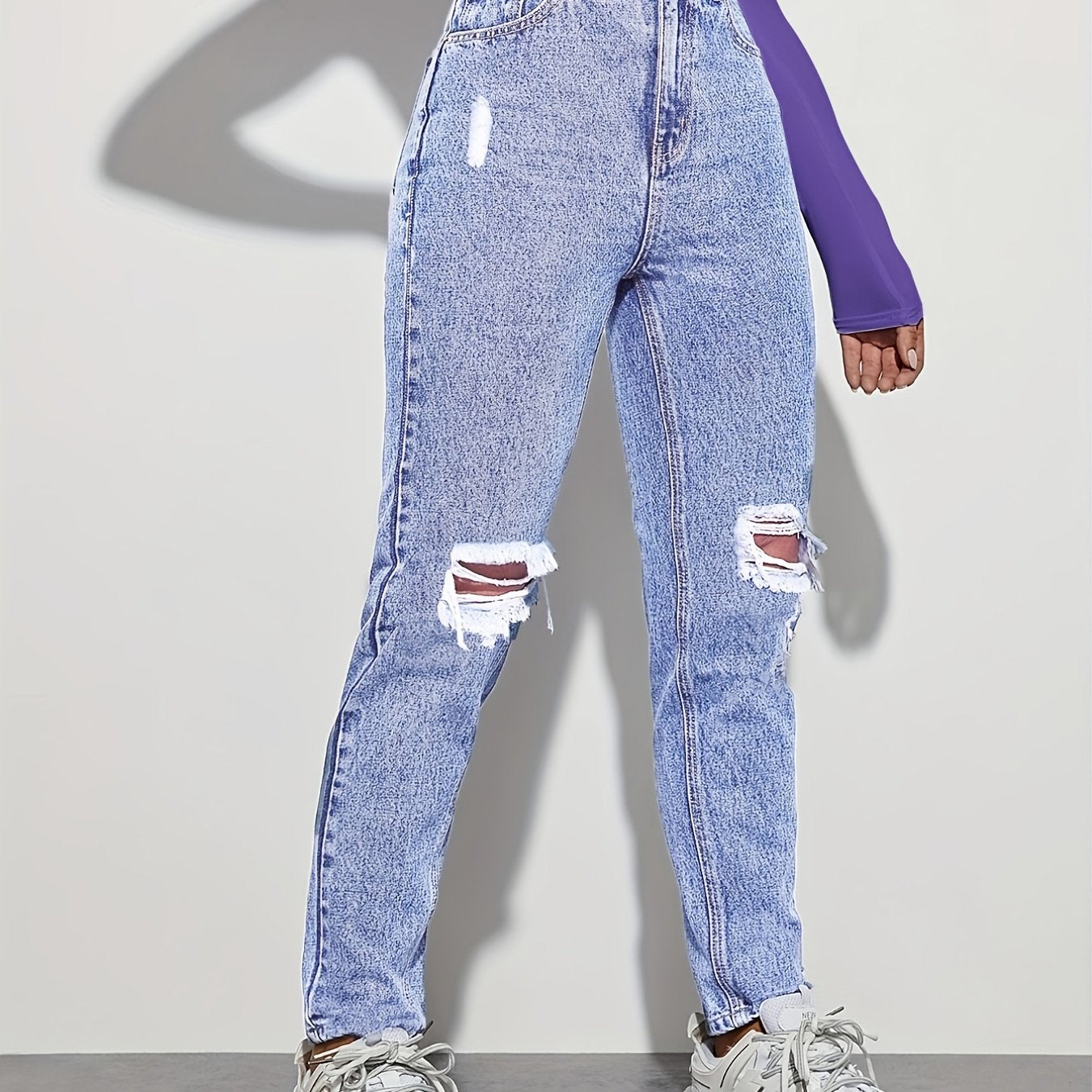 High Rise Straight Jeans Loose Fit Slash Pockets Denim Pants