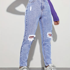 High Rise Straight Jeans Loose Fit Slash Pockets Denim Pants