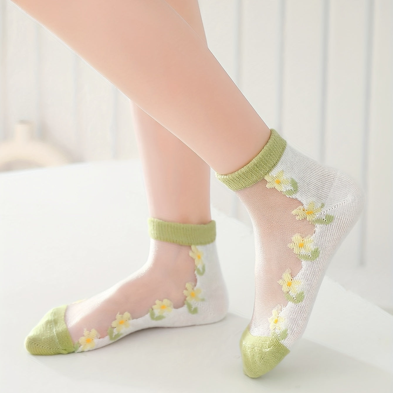 5 Pairs Girls Floral Ice Silk Short Crew Socks For Kids