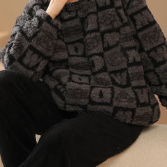 Letter Pattern Fuzzy Pajama Set Long Sleeve Crew Neck Top & Elastic Waistband