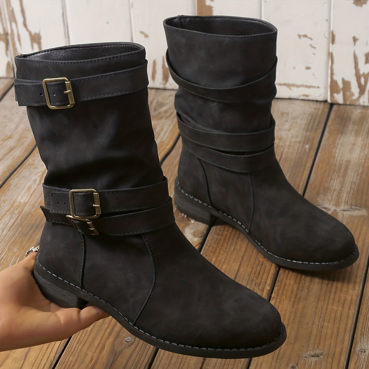 Chunky Heel Dress Boots with Buckle Strap - Women's