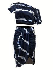 Striped Print Two piece Set Ruched Bag Hip Skirts Outfits