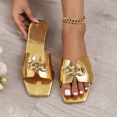 Women's Metallic Chain Decor Sandals Square Toe Slip On Non-slip Slides Shoes