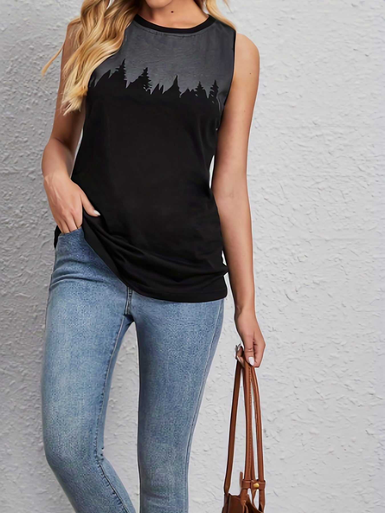 Graphic Print Tank Top Crew Neck Sleeveless Top Women's Clothing