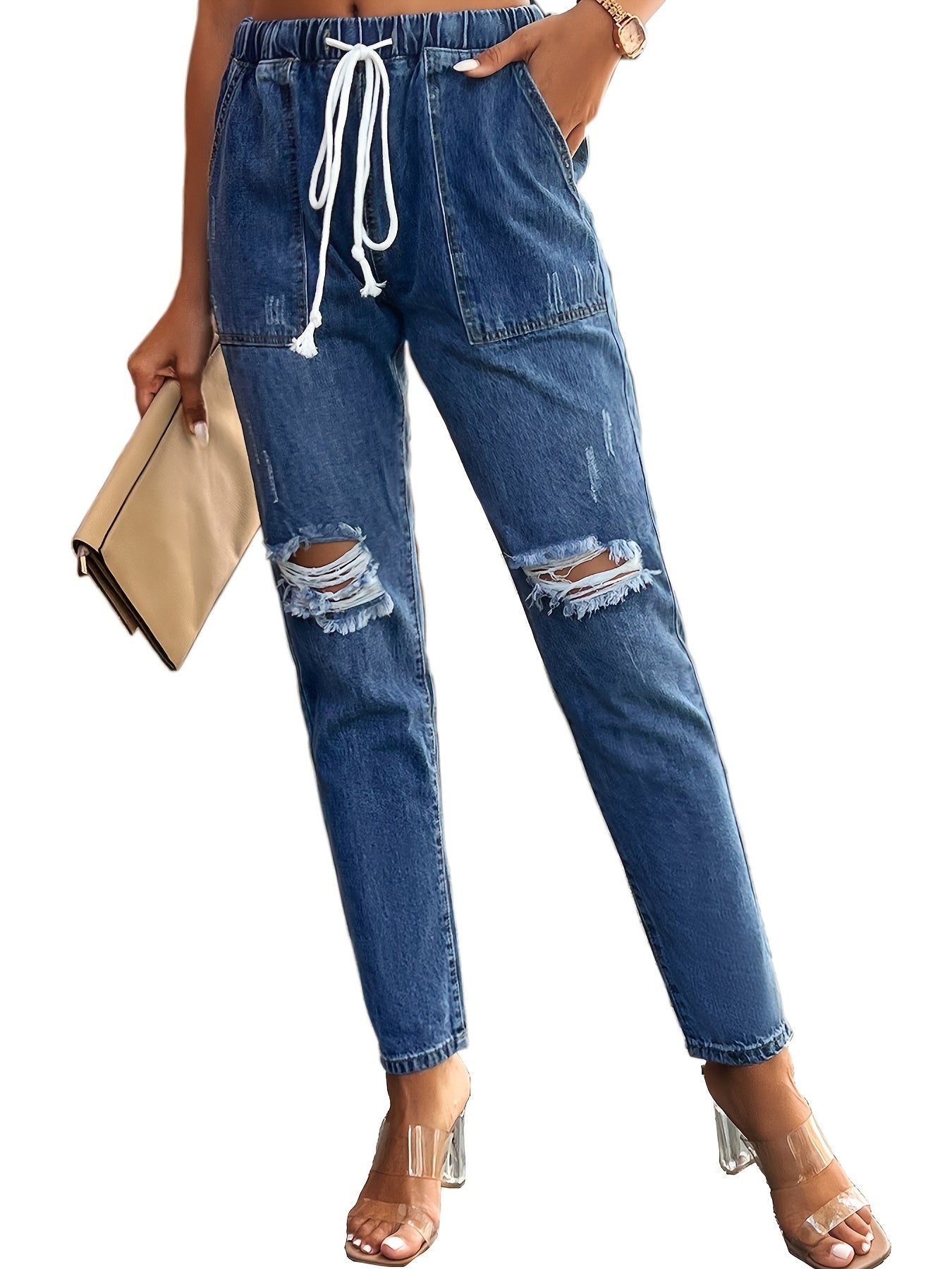 Elastic Band Distressed Denim Jeans Slim Fit Solid