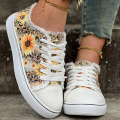 Women's Sunflower Print Canvas Shoes Casual Lace Up Outdoor Shoes