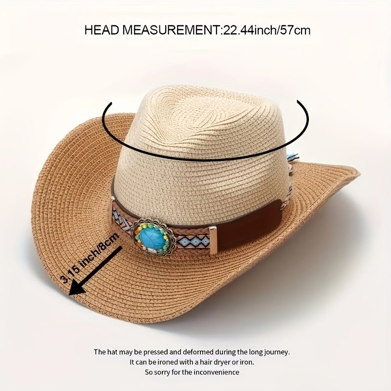 Bohemian Stone Studded Cowboy Straw Hat for Sun Protection