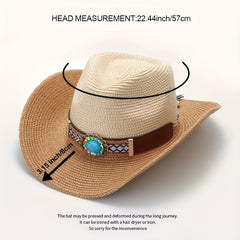Bohemian Stone Studded Cowboy Straw Hat for Sun Protection
