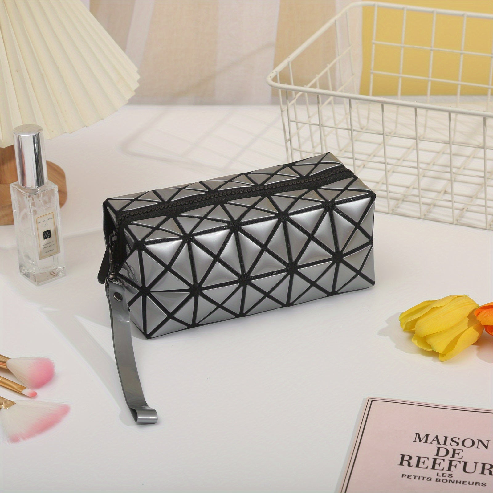 Geometric Pattern Wristlet Bag PU Makeup Bag Organizer for Women
