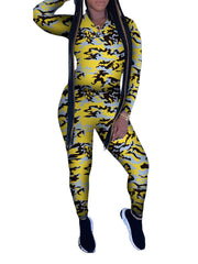 Camo Print Casual Two piece Set Zipper Long Sleeve Tops & Long Length Pants