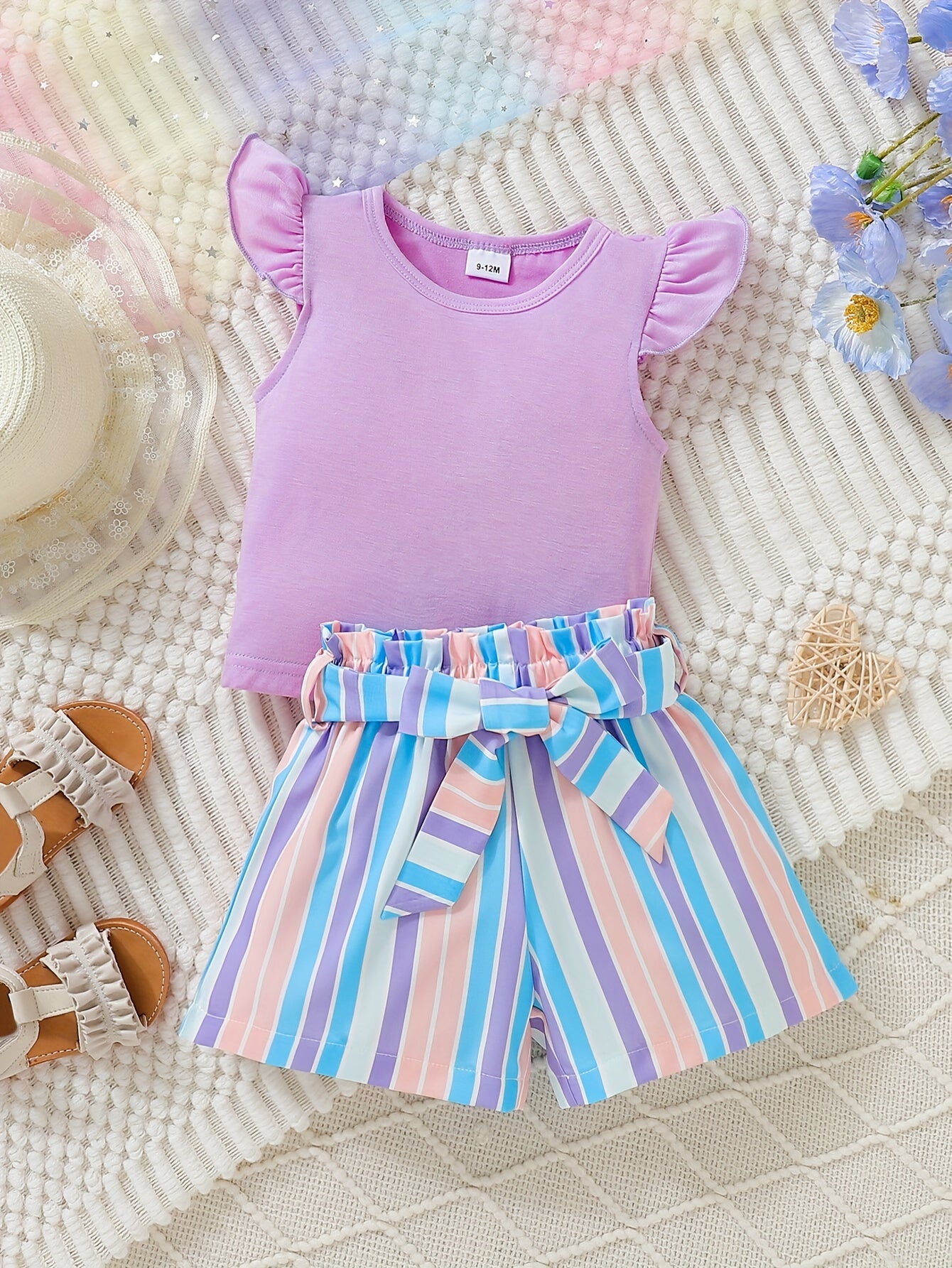 Toddler Girls Dopamine Flutter Sleeve T Shirt & Striped Belted Shorts