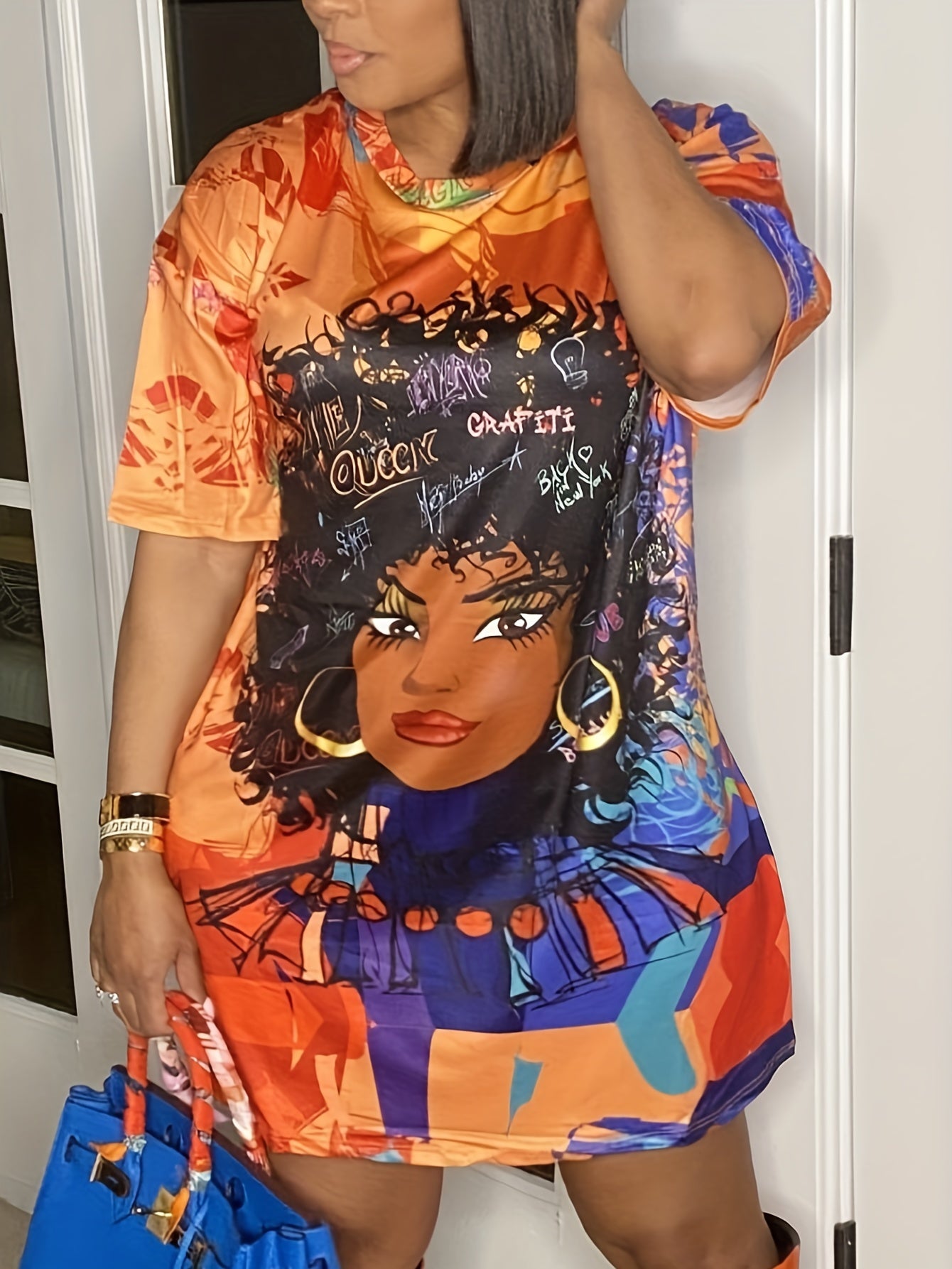 Casual Dress Women's Plus Cartoon Figure Print Short Sleeve Round Neck