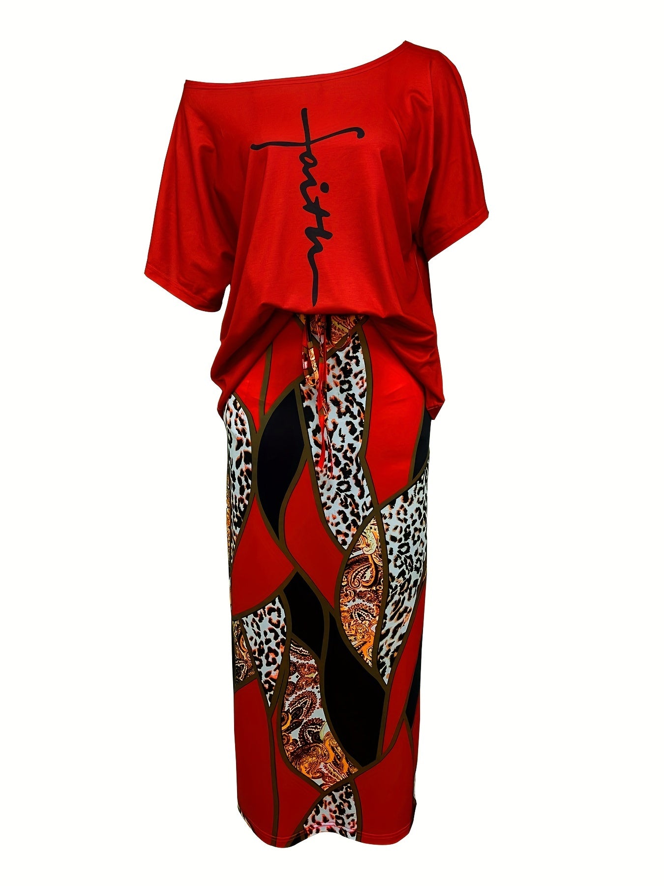 Faith Print Tops & Geo Print Skirts Set Women's Outfit