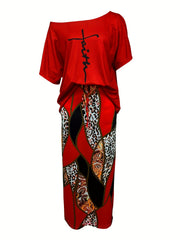 Faith Print Tops & Geo Print Skirts Set Women's Outfit