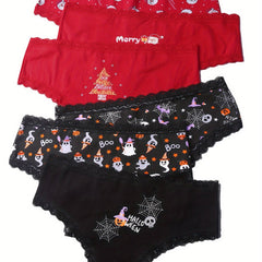 6 Pack Plus Size Christmas & Halloween Cartoon Print Lace Trim Briefs Set