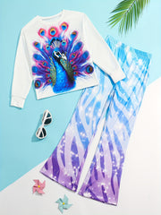 Girls Peacock Graphic 2pcs Outfits Comfy Sets For Spring Fall Sports Gift