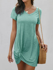 V Neck Short Sleeve Solid Dress Casual Twist Versatile Dress