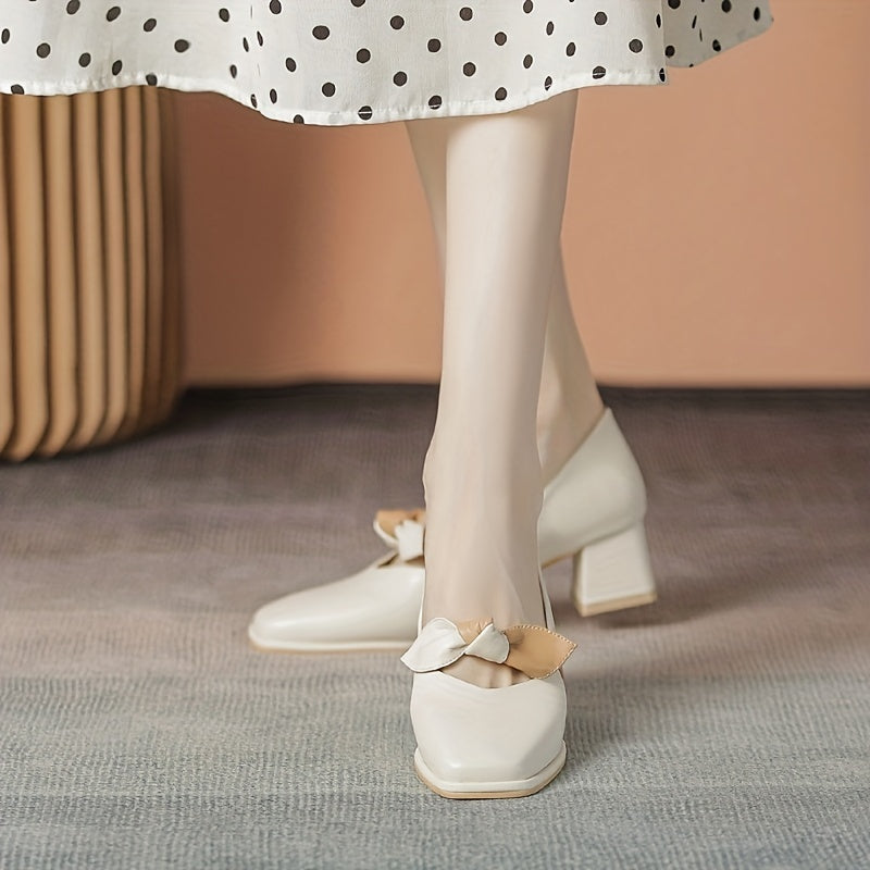 Chunky Heel Mary Jane Knot Band Slip On Mid Heel Dress Shoes