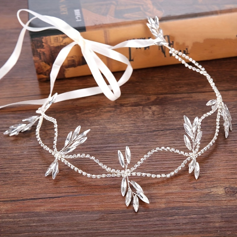 Rhinestone Headband With Long Ribbon Bridal Head Piece Hair Accessories