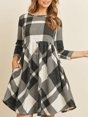 Plaid Print 3 4 Sleeve Dress Casual Vintage Crew Neck Dress Women's Clothing