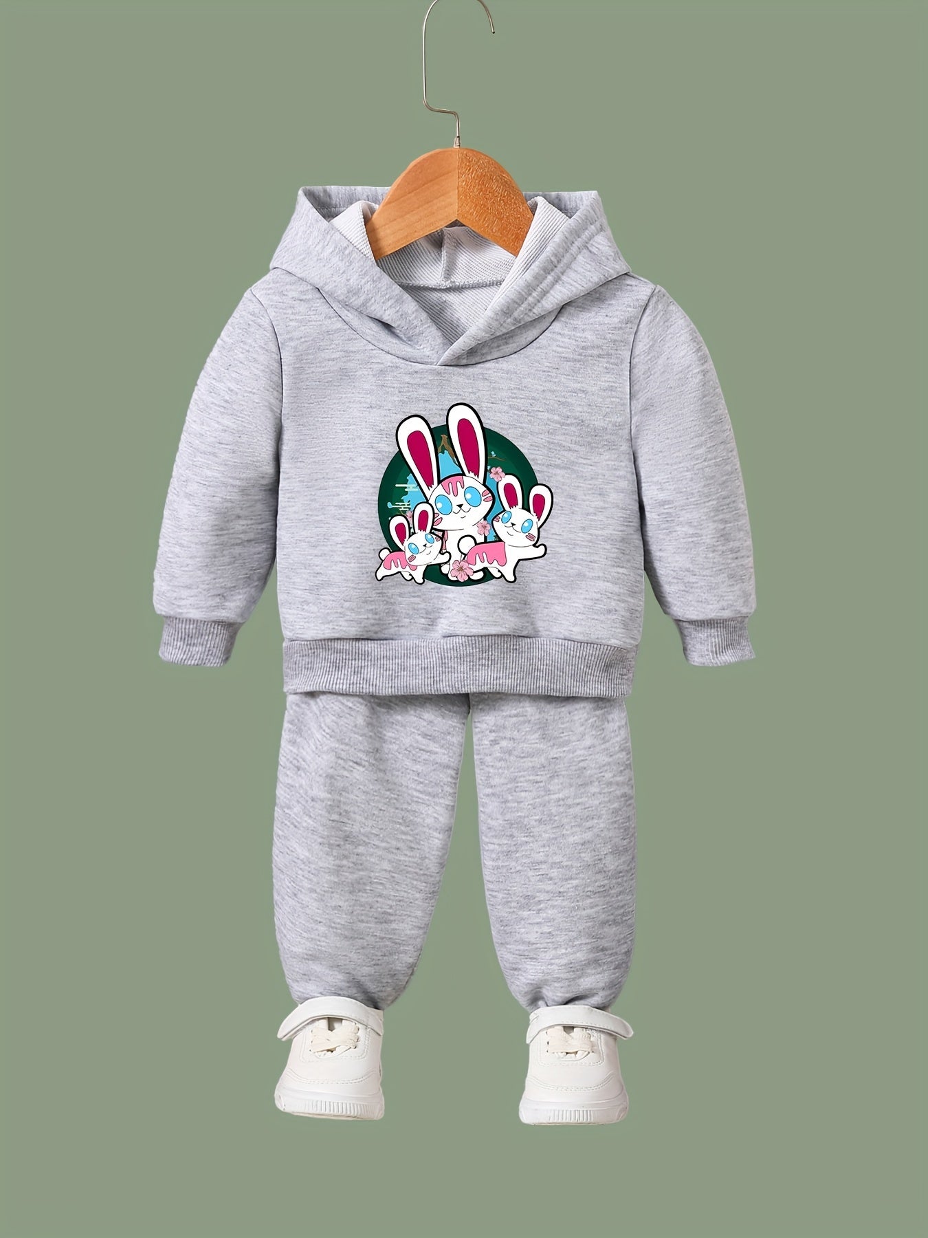 Girls Rabbit Pattern Long Sleeve Hooded Sweatshirt and Sweatpants Set