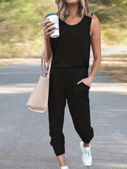 Solid Two piece Pants Set Crew Neck Tank Top & Drawstring Pants
