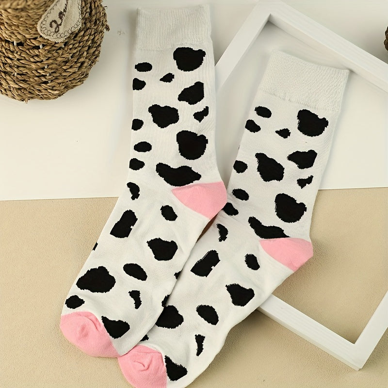 3 Pairs Cow Spot Print Socks Comfy Mid Tube Women's Stockings
