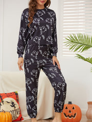 Halloween Ghost Print Pajama Set Long Sleeve Top & Pants Women's Sleepwear