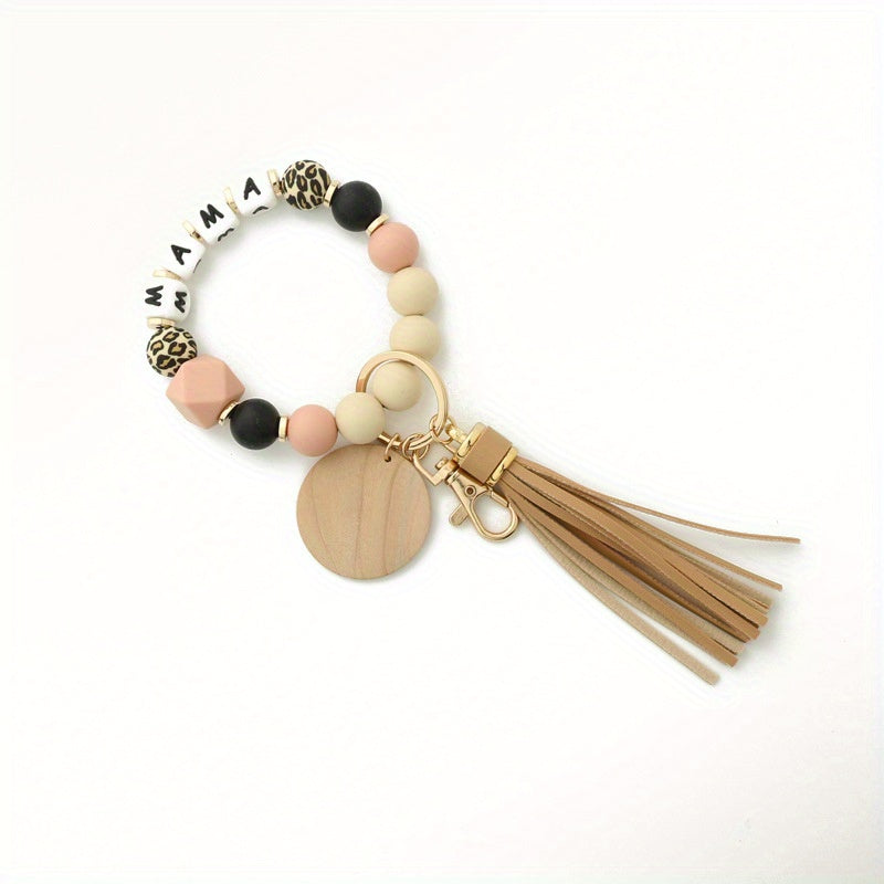 MAMA Silicone Beaded Bracelet Keychain Tassel Key Ring Purse Bag Charm
