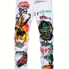 Men's Casual Graffiti Print Skinny Jeans Medium Stretch