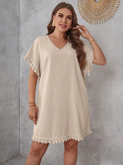Solid Tassel Trim Batwing Sleeve V Neck Loose Dress