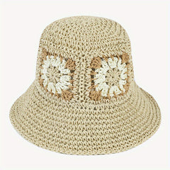 Green Flower Crochet Bucket Hat Breathable Straw Beach Travel Sun Hat