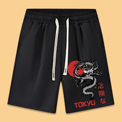 Dragon Print Casual Sportswear Men's Shorts with Pockets