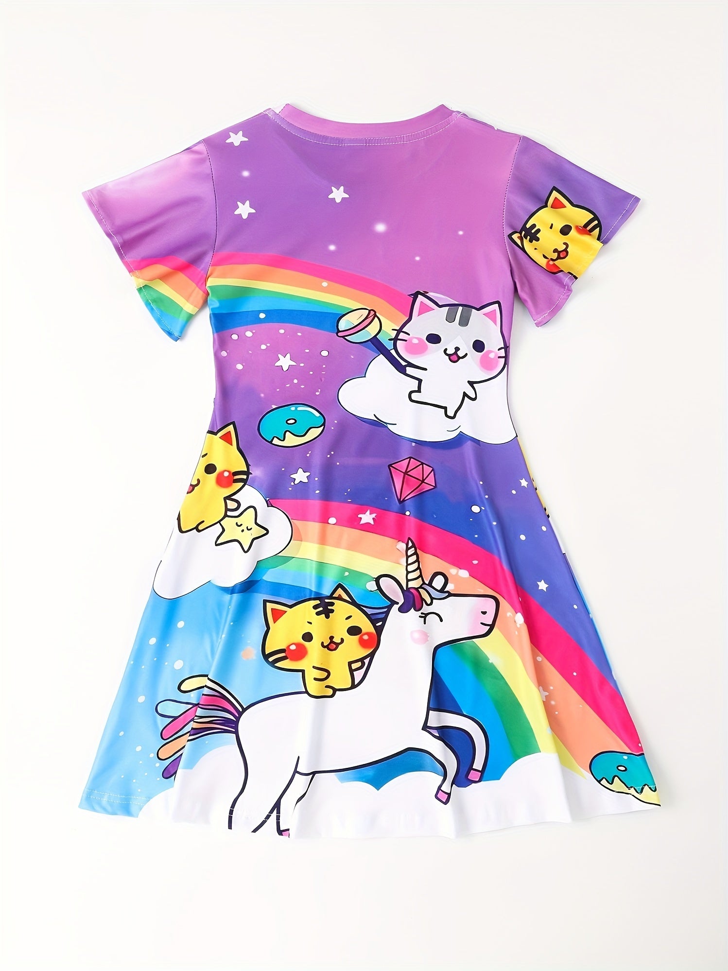 Girls 3D Kitty & Unicorn Graphic Dress Girls Comfy Short Sleeve