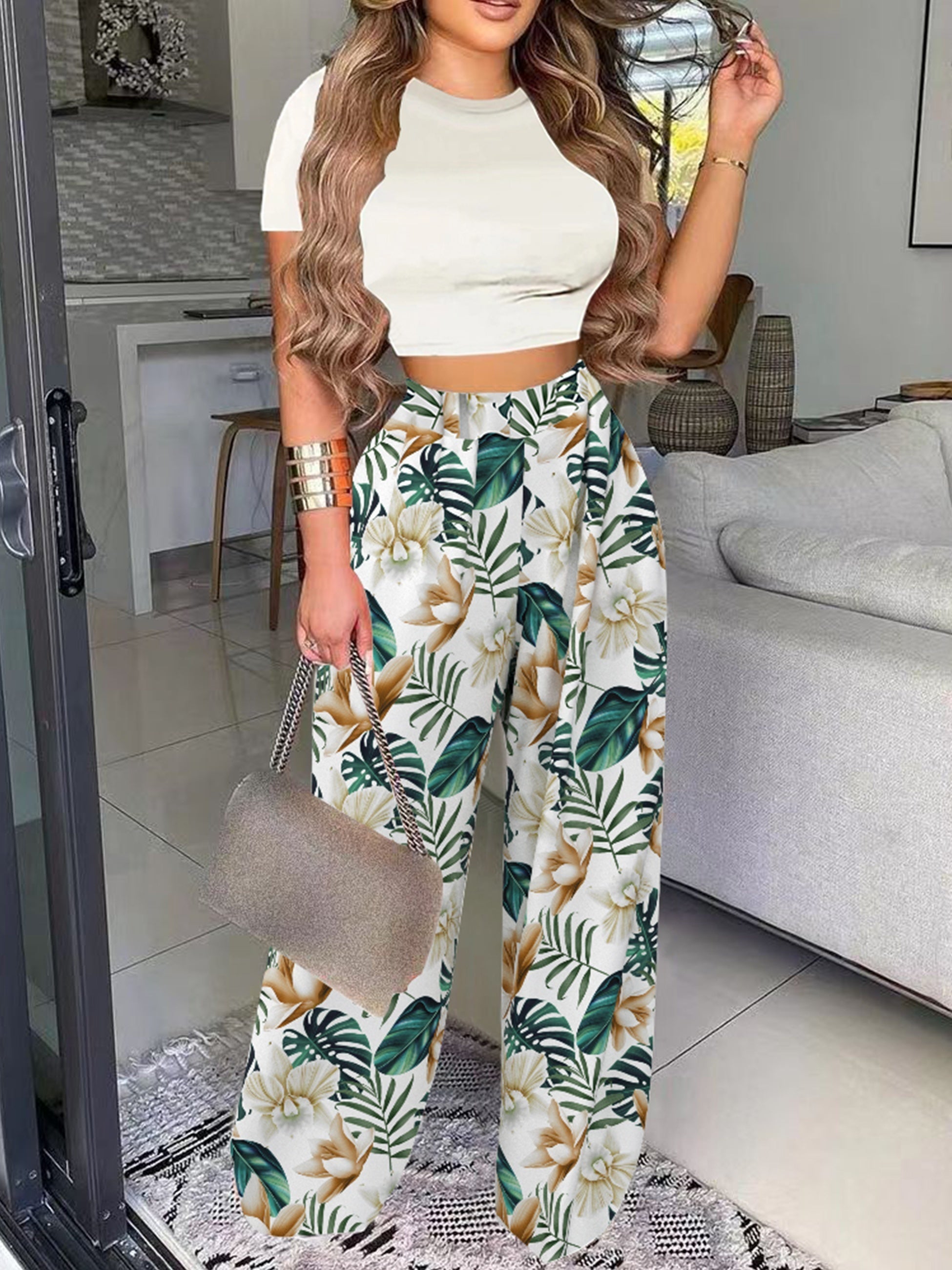 Boho Two Piece Set: Slim Tee & Tropical Print Pants
