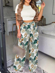 Boho Two Piece Set: Slim Tee & Tropical Print Pants