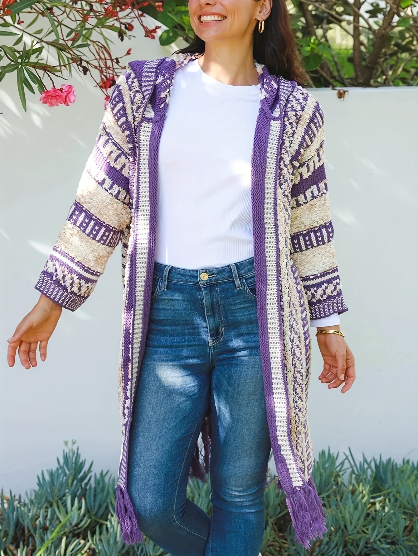 Geometric Print Tassel Trim Hooded Cardigan